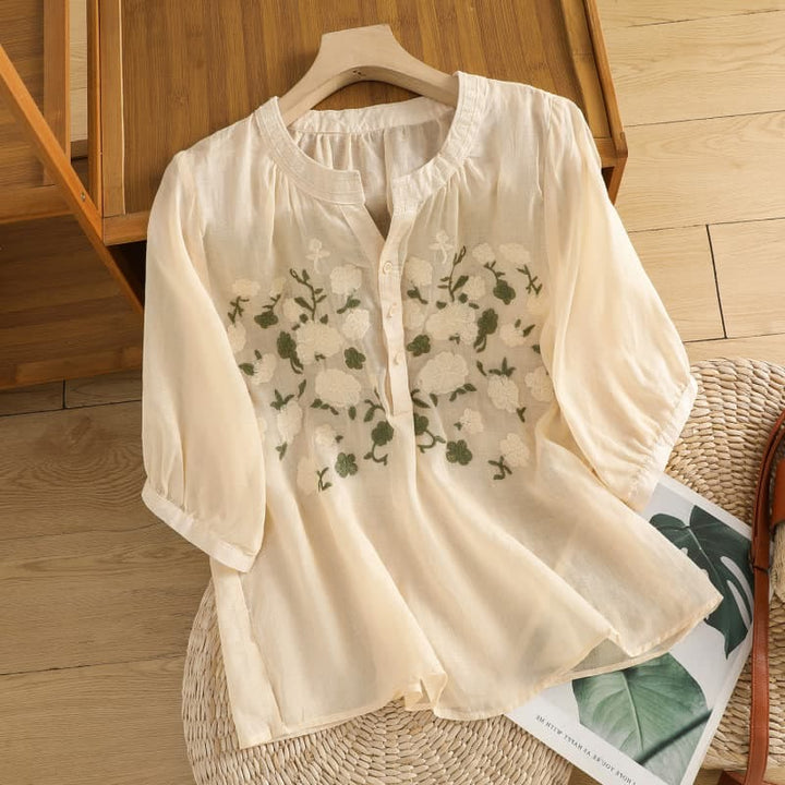 Camicia casual da donna in cotone e lino con scollo a V, maniche corte, motivo ricamato con fiori e foglie verdi, motivo Buddha Stones - PapayaWhip - US8-10, UK/AU12-14, EU40-42 (2XL) - image 9