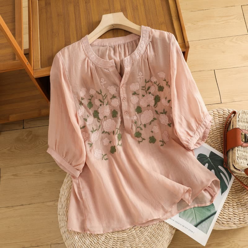 Camicia casual da donna in cotone e lino con scollo a V, maniche corte, motivo ricamato con fiori e foglie verdi, motivo Buddha Stones - Rosa - US8-10, UK/AU12-14, EU40-42 (2XL) - image 0
