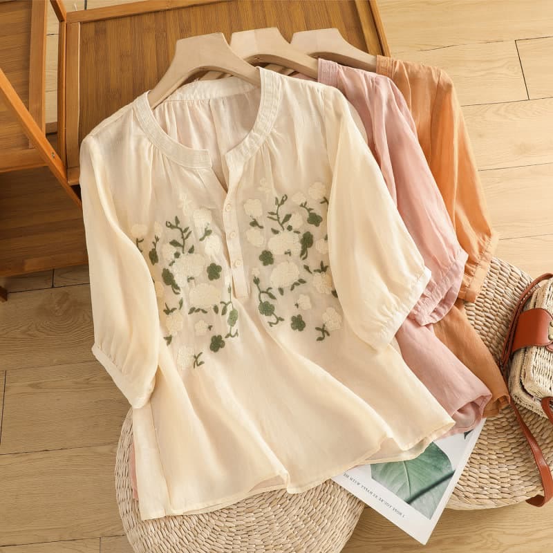 Camicia casual da donna in cotone e lino con scollo a V, maniche corte, motivo ricamato con fiori e foglie verdi, motivo Buddha Stones - image 23
