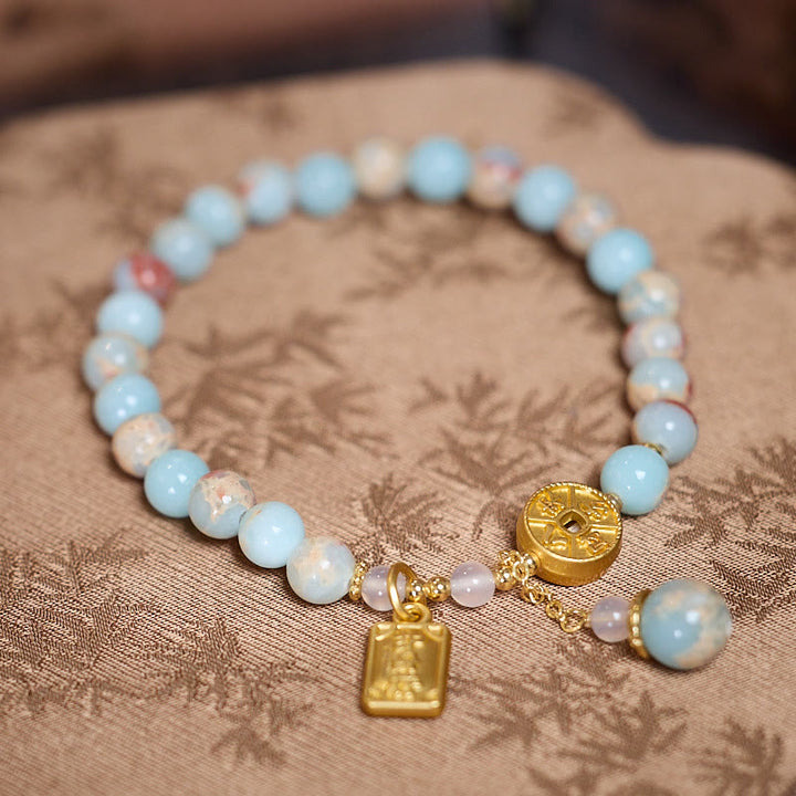 Braccialetto della ricchezza con monete di rame, Buddha Stones e pietra Shoushan, denaro da tutte le direzioni