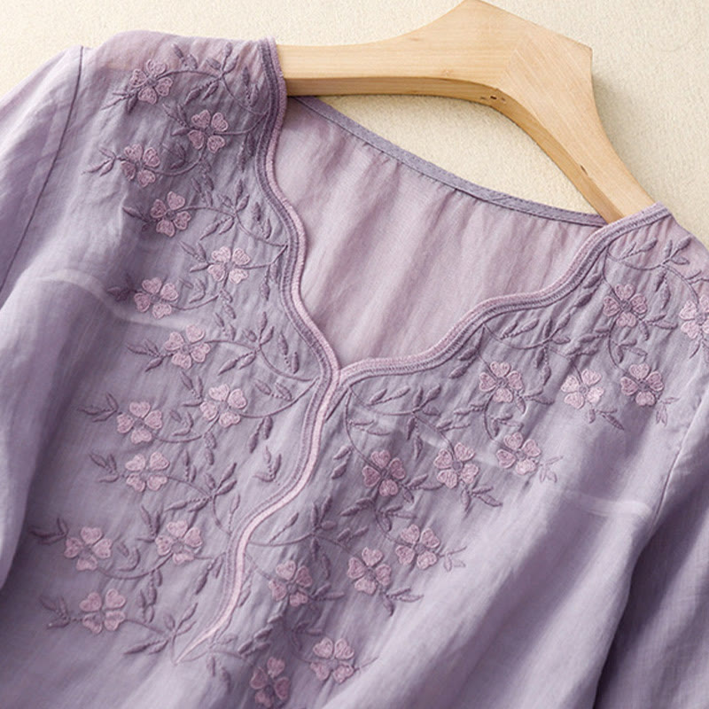 Maglietta acrilica da donna con scollo a V, manica corta, casual, estiva, con fiori ricamati, motivo Buddha Stones - image 1