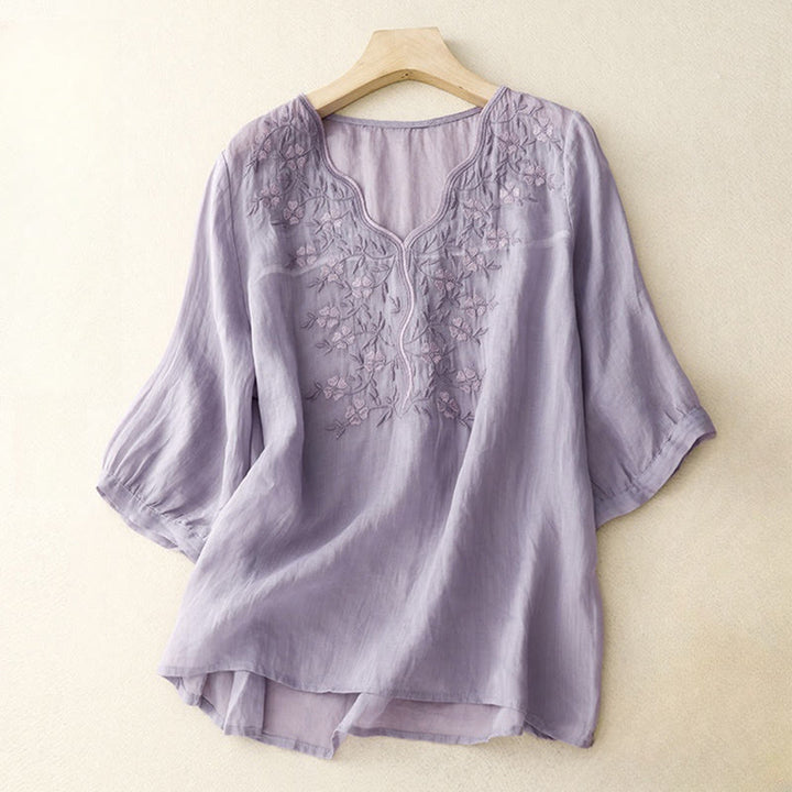 Maglietta acrilica da donna con scollo a V, manica corta, casual, estiva, con fiori ricamati, motivo Buddha Stones