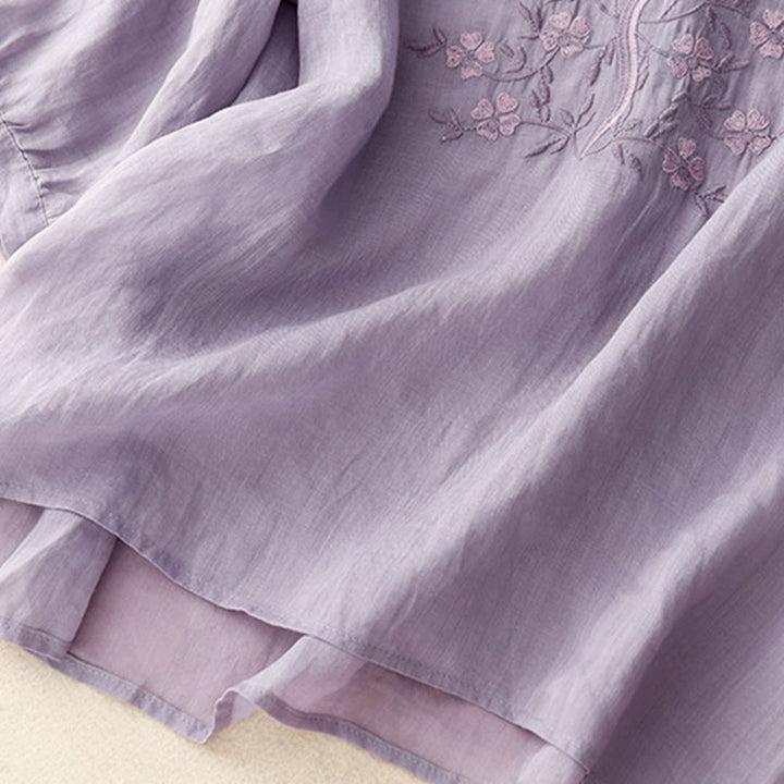 Maglietta acrilica da donna con scollo a V, manica corta, casual, estiva, con fiori ricamati, motivo Buddha Stones - image 4