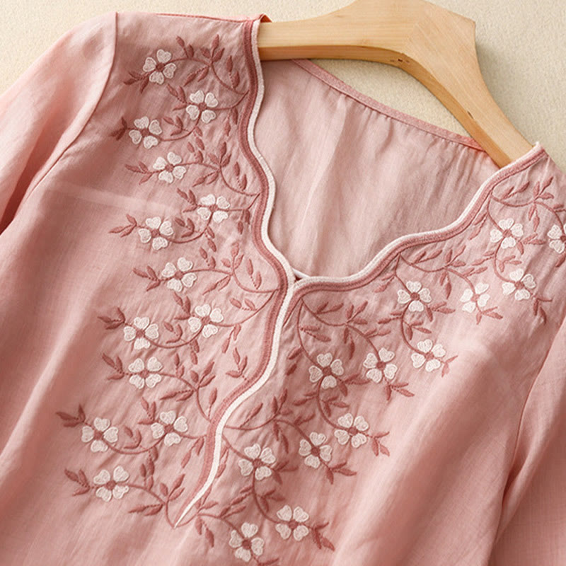 Maglietta acrilica da donna con scollo a V, manica corta, casual, estiva, con fiori ricamati, motivo Buddha Stones