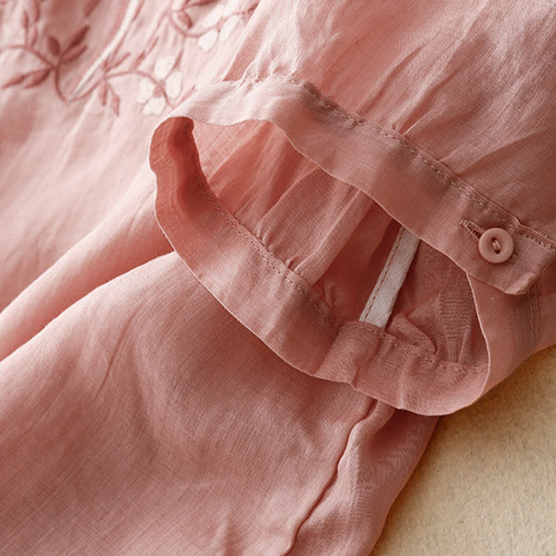 Maglietta acrilica da donna con scollo a V, manica corta, casual, estiva, con fiori ricamati, motivo Buddha Stones - image 9