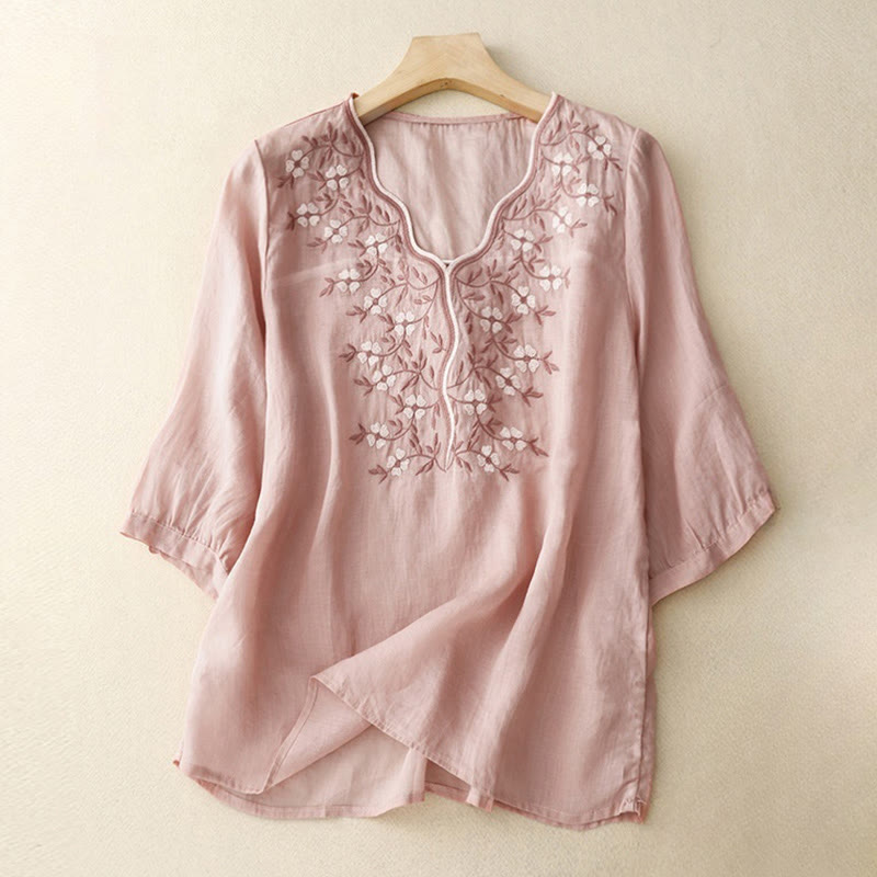 Maglietta acrilica da donna con scollo a V, manica corta, casual, estiva, con fiori ricamati, motivo Buddha Stones