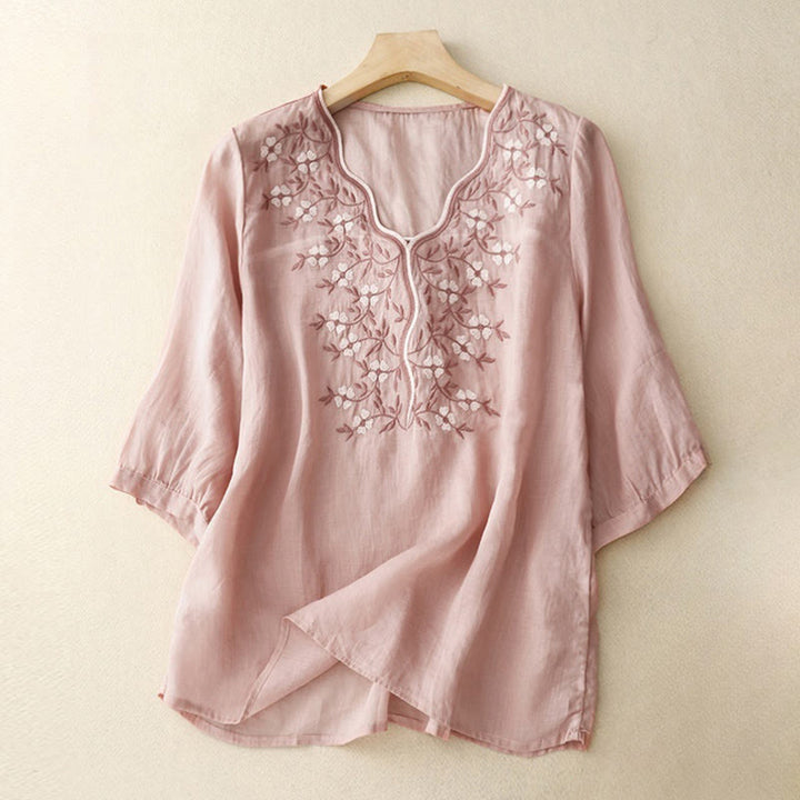 Maglietta acrilica da donna con scollo a V, manica corta, casual, estiva, con fiori ricamati, motivo Buddha Stones