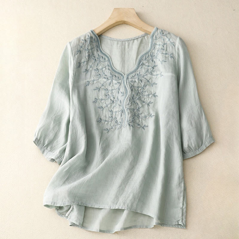 Maglietta acrilica da donna con scollo a V, manica corta, casual, estiva, con fiori ricamati, motivo Buddha Stones