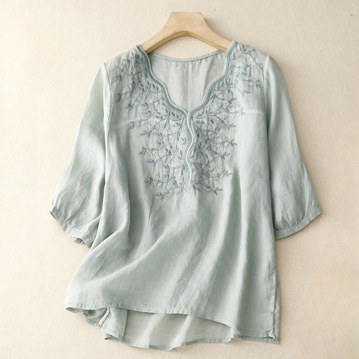 Maglietta acrilica da donna con scollo a V, manica corta, casual, estiva, con fiori ricamati, motivo Buddha Stones