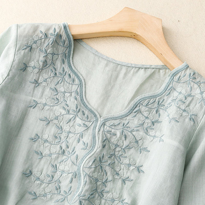 Maglietta acrilica da donna con scollo a V, manica corta, casual, estiva, con fiori ricamati, motivo Buddha Stones - image 13