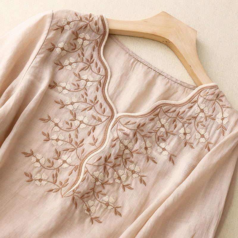Maglietta acrilica da donna con scollo a V, manica corta, casual, estiva, con fiori ricamati, motivo Buddha Stones