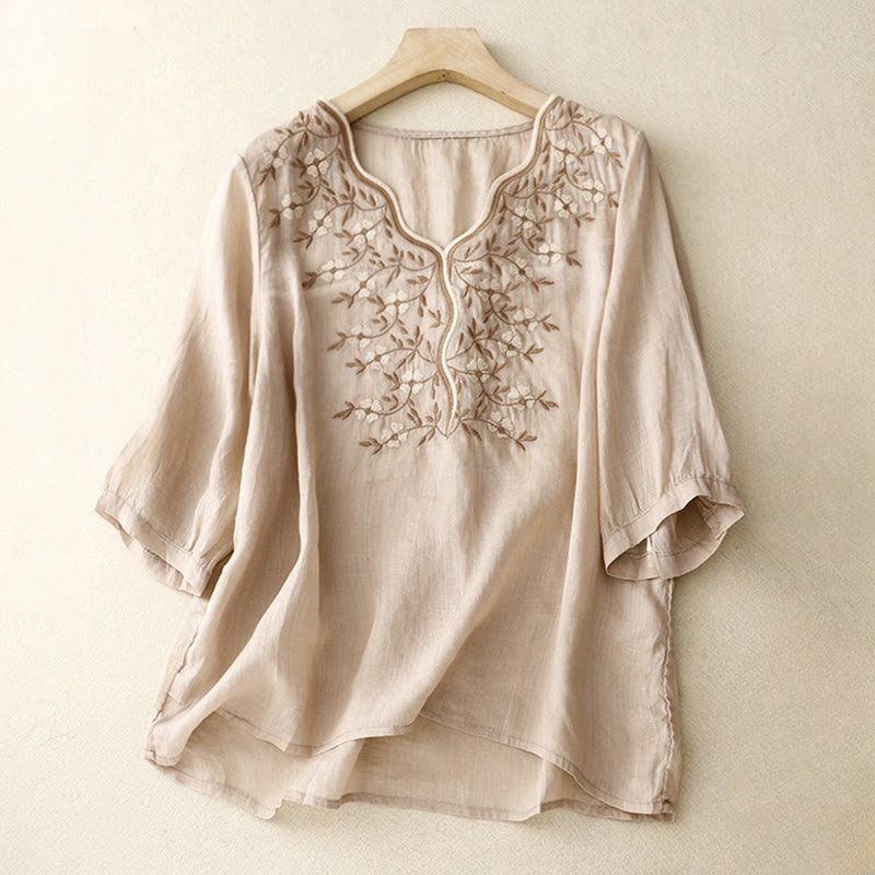 Maglietta acrilica da donna con scollo a V, manica corta, casual, estiva, con fiori ricamati, motivo Buddha Stones