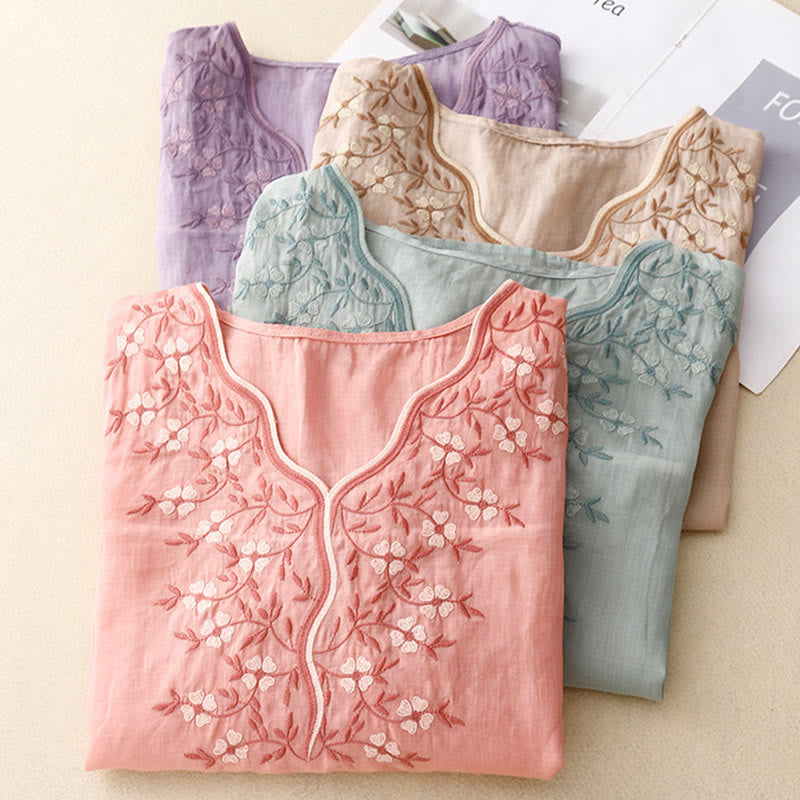 Maglietta acrilica da donna con scollo a V, manica corta, casual, estiva, con fiori ricamati, motivo Buddha Stones