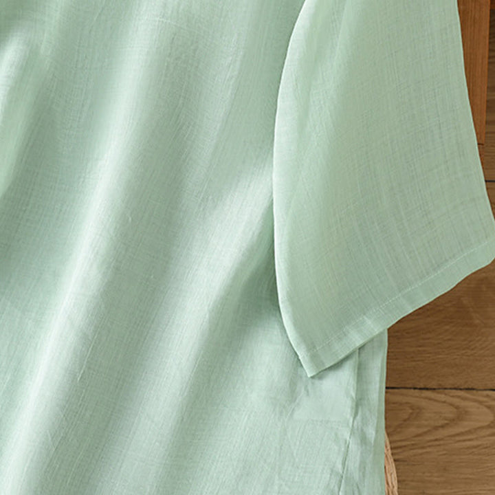 Camicia casual da donna in cotone e lino con maniche a mezza manica, motivo a rana, motivo ricamato con fiori e foglie, motivo a scollo rotondo, motivo Buddha Stones