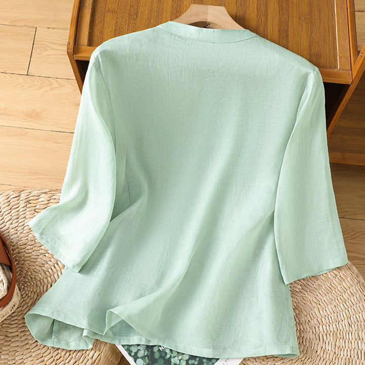 Camicia casual da donna in cotone e lino con maniche a mezza manica, motivo a rana, motivo ricamato con fiori e foglie, motivo a scollo rotondo, motivo Buddha Stones