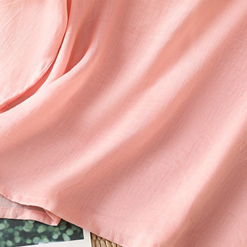 Camicia casual da donna in cotone e lino con maniche a mezza manica, motivo a rana, motivo ricamato con fiori e foglie, motivo a scollo rotondo, motivo Buddha Stones