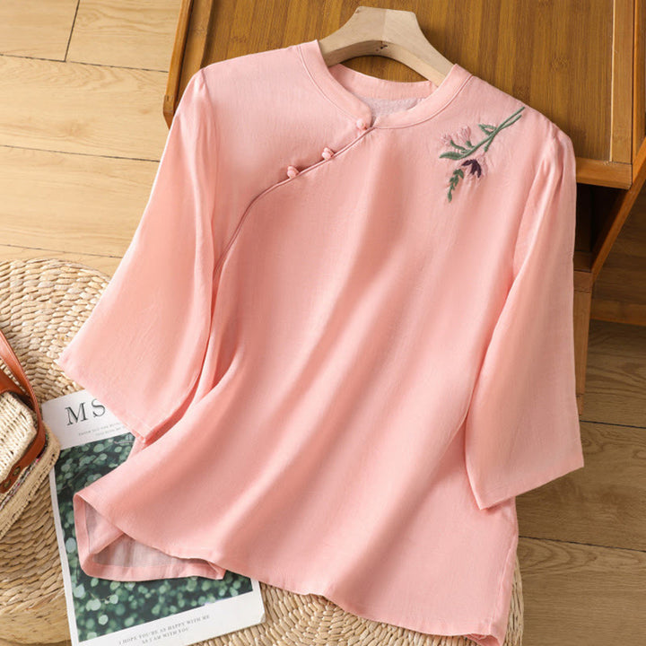 Camicia casual da donna in cotone e lino con maniche a mezza manica, motivo a rana, motivo ricamato con fiori e foglie, motivo a scollo rotondo, motivo Buddha Stones
