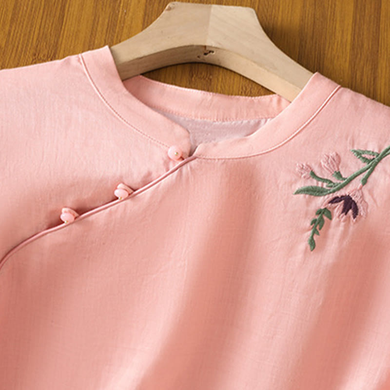 Camicia casual da donna in cotone e lino con maniche a mezza manica, motivo a rana, motivo ricamato con fiori e foglie, motivo a scollo rotondo, motivo Buddha Stones