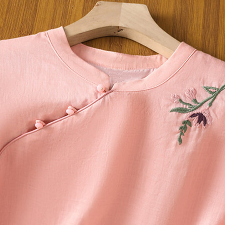 Camicia casual da donna in cotone e lino con maniche a mezza manica, motivo a rana, motivo ricamato con fiori e foglie, motivo a scollo rotondo, motivo Buddha Stones