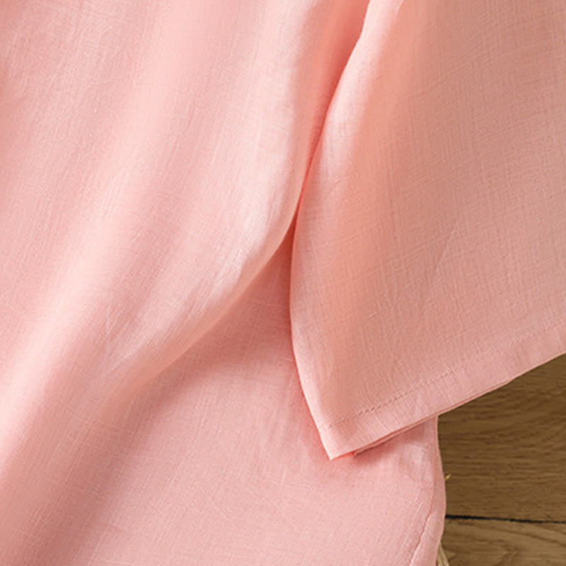 Camicia casual da donna in cotone e lino con maniche a mezza manica, motivo a rana, motivo ricamato con fiori e foglie, motivo a scollo rotondo, motivo Buddha Stones - image 11