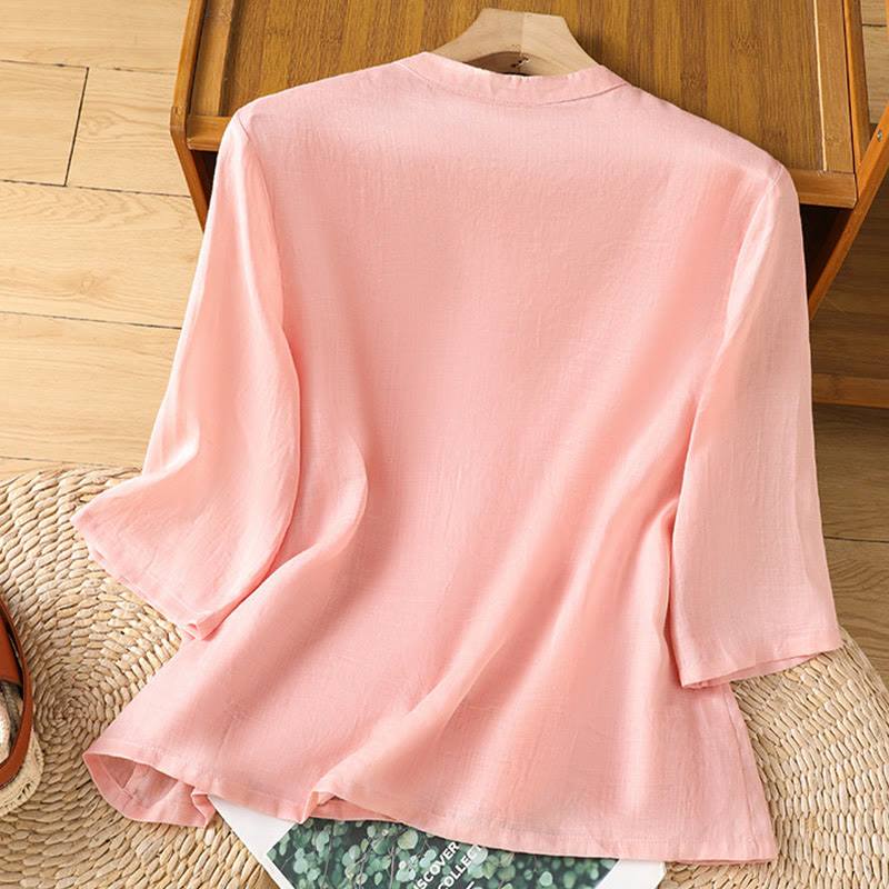 Camicia casual da donna in cotone e lino con maniche a mezza manica, motivo a rana, motivo ricamato con fiori e foglie, motivo a scollo rotondo, motivo Buddha Stones