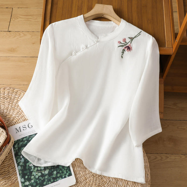 Camicia casual da donna in cotone e lino con maniche a mezza manica, motivo a rana, motivo ricamato con fiori e foglie, motivo a scollo rotondo, motivo Buddha Stones
