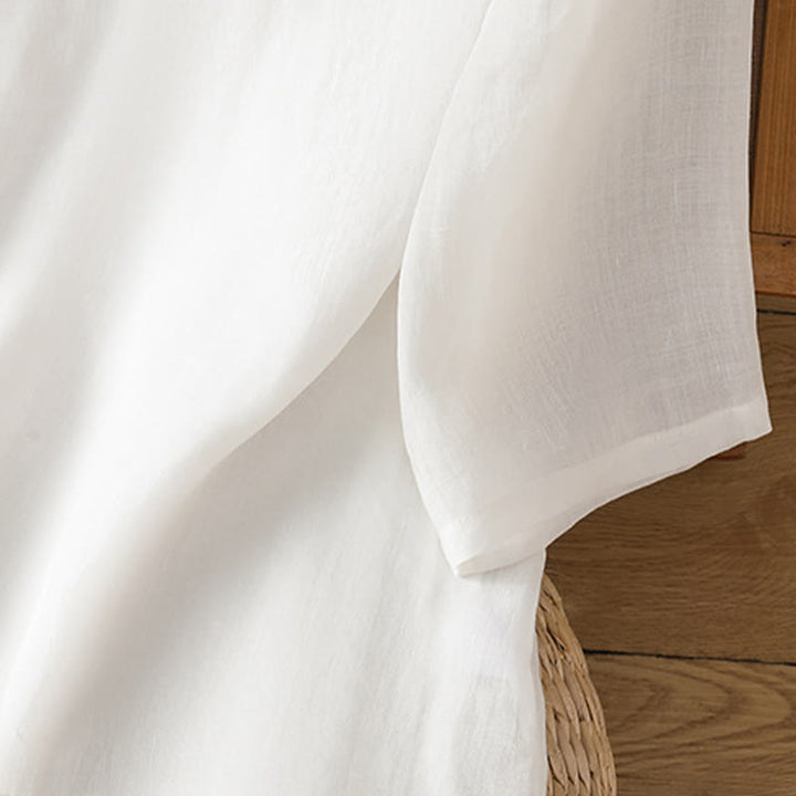 Camicia casual da donna in cotone e lino con maniche a mezza manica, motivo a rana, motivo ricamato con fiori e foglie, motivo a scollo rotondo, motivo Buddha Stones