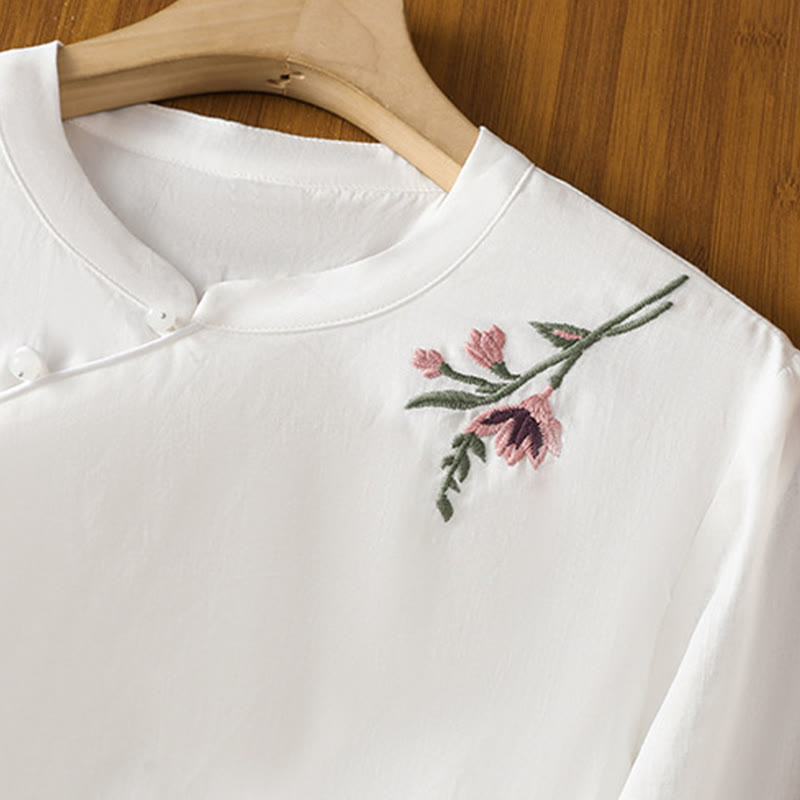 Camicia casual da donna in cotone e lino con maniche a mezza manica, motivo a rana, motivo ricamato con fiori e foglie, motivo a scollo rotondo, motivo Buddha Stones