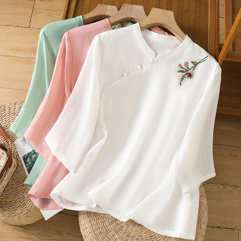 Camicia casual da donna in cotone e lino con maniche a mezza manica, motivo a rana, motivo ricamato con fiori e foglie, motivo a scollo rotondo, motivo Buddha Stones