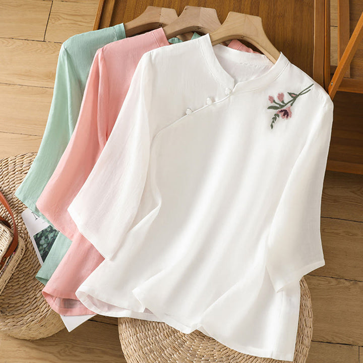 Camicia casual da donna in cotone e lino con maniche a mezza manica, motivo a rana, motivo ricamato con fiori e foglie, motivo a scollo rotondo, motivo Buddha Stones