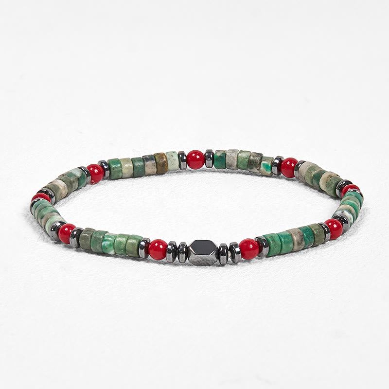Bracciale potente in pietra verde naturale con ematite e corallo rosso Buddha Stones