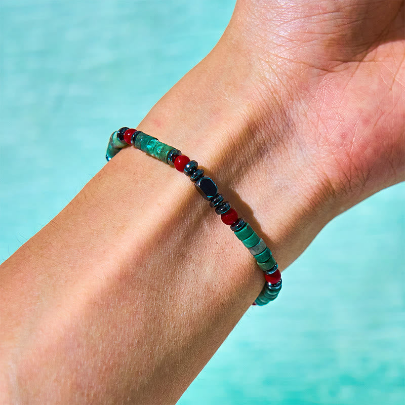 Bracciale potente in pietra verde naturale con ematite e corallo rosso Buddha Stones
