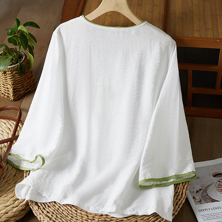 Buddha Stones casual da donna in cotone e lino con maniche a tre quarti, motivo a fiori ricamati, bottoni a rana, colletto inclinato - image 1