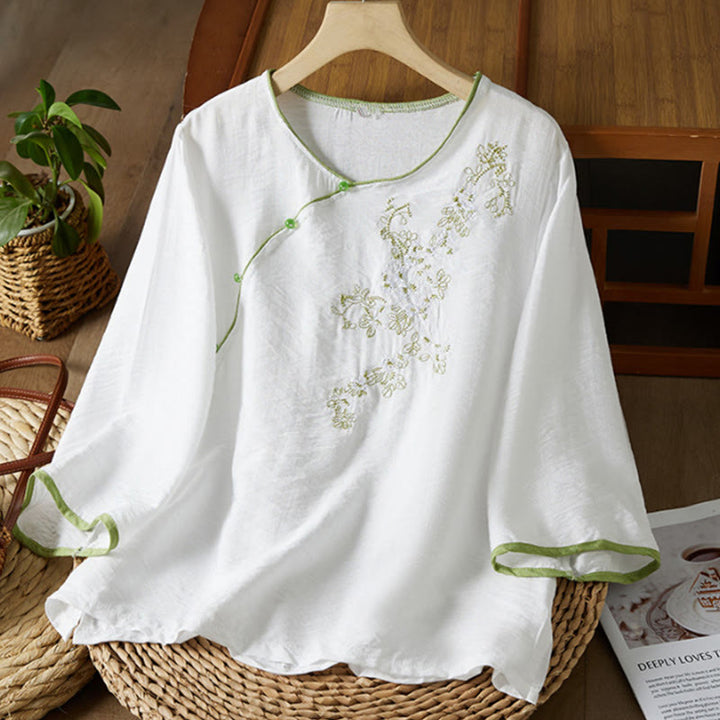 Buddha Stones casual da donna in cotone e lino con maniche a tre quarti, motivo a fiori ricamati, bottoni a rana, colletto inclinato - Bianco - US12, UK/AU16, EU44 (3XL) - image 0