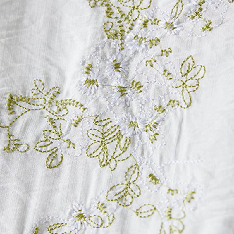 Buddha Stones casual da donna in cotone e lino con maniche a tre quarti, motivo a fiori ricamati, bottoni a rana, colletto inclinato - image 3