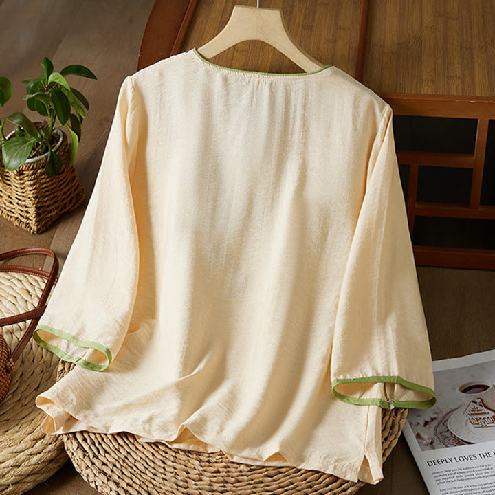 Buddha Stones casual da donna in cotone e lino con maniche a tre quarti, motivo a fiori ricamati, bottoni a rana, colletto inclinato - image 7