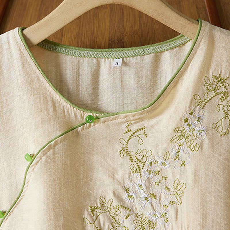 Buddha Stones casual da donna in cotone e lino con maniche a tre quarti, motivo a fiori ricamati, bottoni a rana, colletto inclinato - image 8