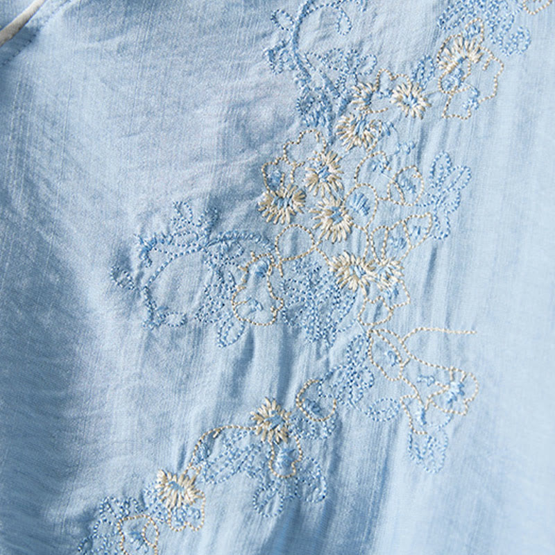 Buddha Stones casual da donna in cotone e lino con maniche a tre quarti, motivo a fiori ricamati, bottoni a rana, colletto inclinato - image 17