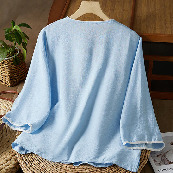 Buddha Stones casual da donna in cotone e lino con maniche a tre quarti, motivo a fiori ricamati, bottoni a rana, colletto inclinato - image 13