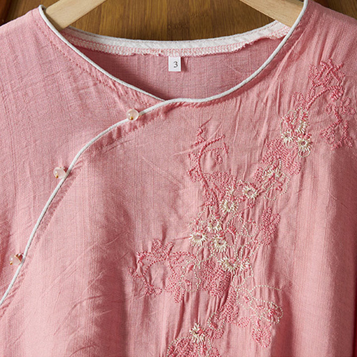 Buddha Stones casual da donna in cotone e lino con maniche a tre quarti, motivo a fiori ricamati, bottoni a rana, colletto inclinato - image 21