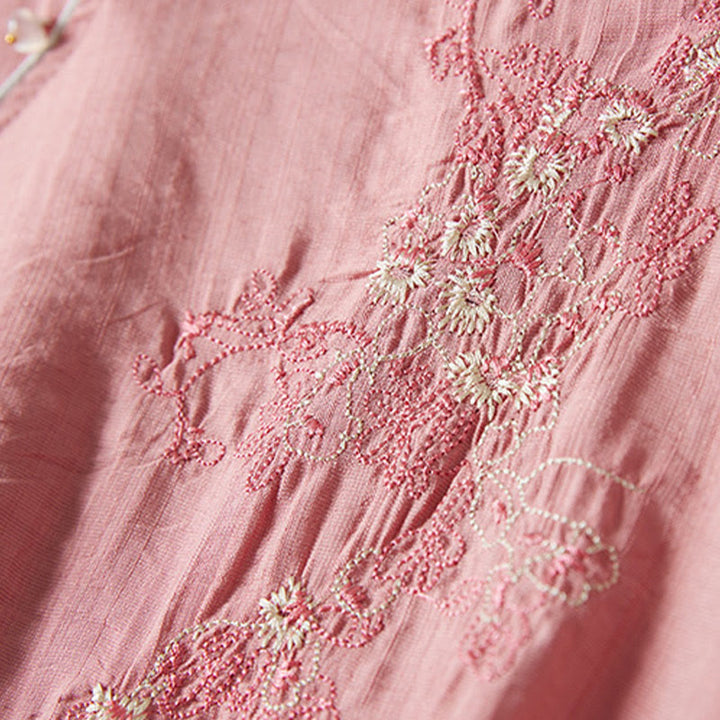 Buddha Stones casual da donna in cotone e lino con maniche a tre quarti, motivo a fiori ricamati, bottoni a rana, colletto inclinato - image 23