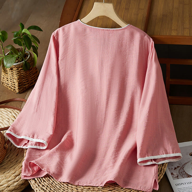 Buddha Stones casual da donna in cotone e lino con maniche a tre quarti, motivo a fiori ricamati, bottoni a rana, colletto inclinato - image 19