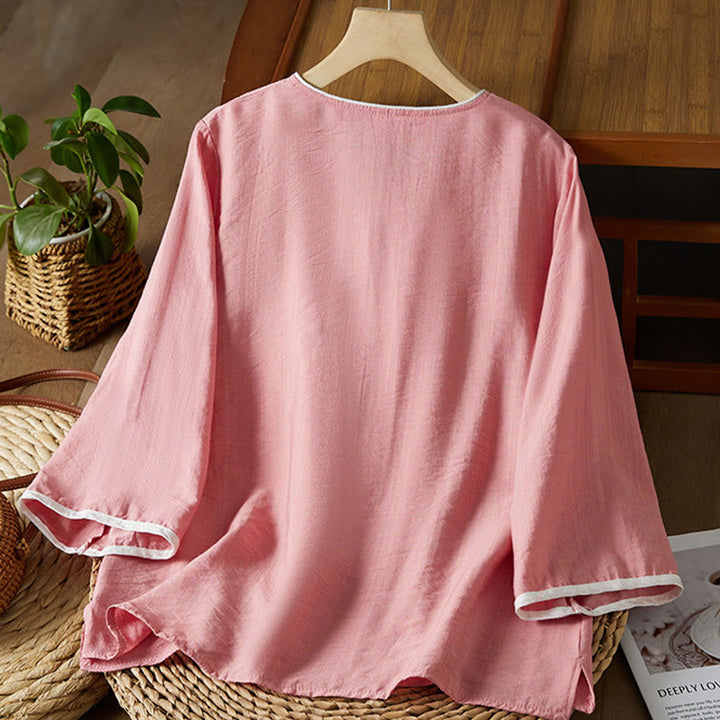 Buddha Stones casual da donna in cotone e lino con maniche a tre quarti, motivo a fiori ricamati, bottoni a rana, colletto inclinato - image 19