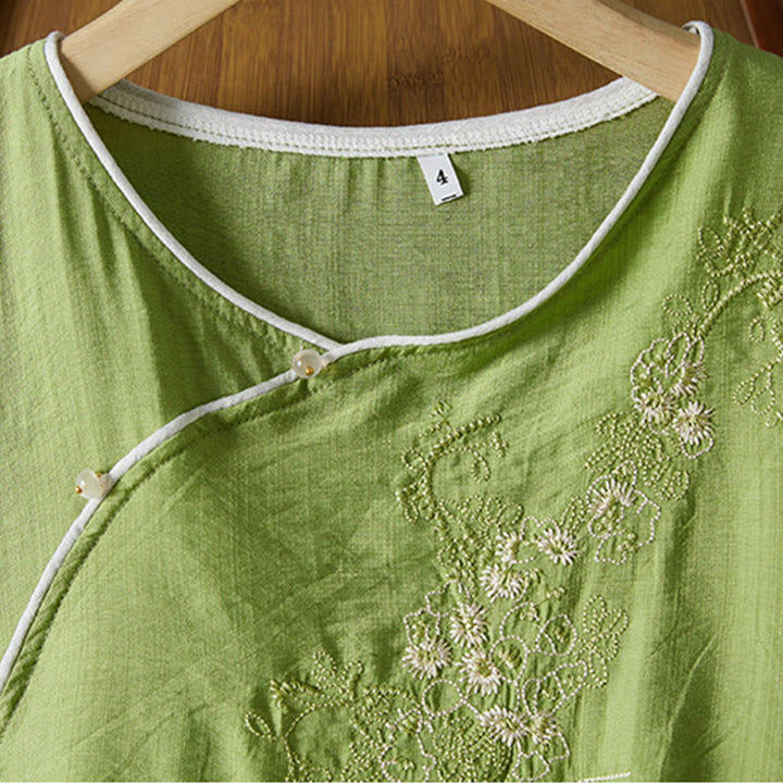 Buddha Stones casual da donna in cotone e lino con maniche a tre quarti, motivo a fiori ricamati, bottoni a rana, colletto inclinato - image 29