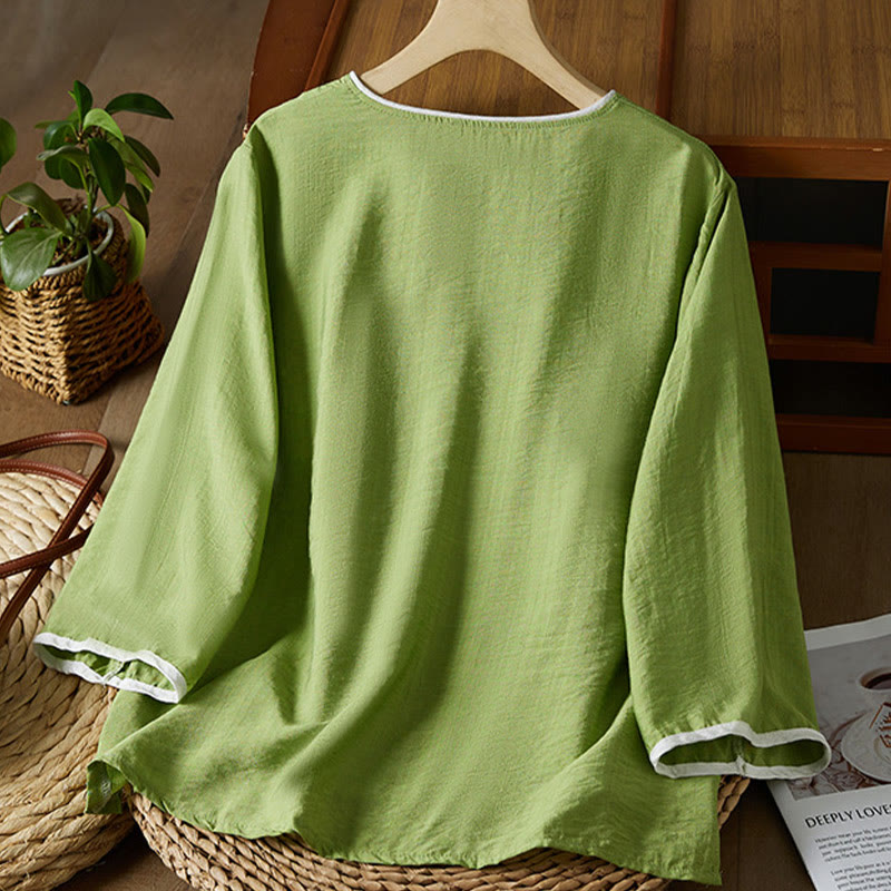 Buddha Stones casual da donna in cotone e lino con maniche a tre quarti, motivo a fiori ricamati, bottoni a rana, colletto inclinato - image 26