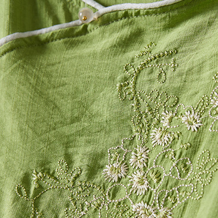 Buddha Stones casual da donna in cotone e lino con maniche a tre quarti, motivo a fiori ricamati, bottoni a rana, colletto inclinato - image 27