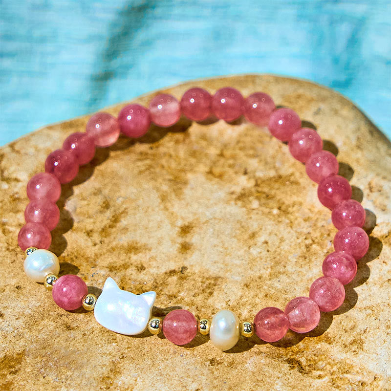Braccialetto di guarigione Buddha Stones, quarzo fragola, perla, gatto e coniglio - image 9