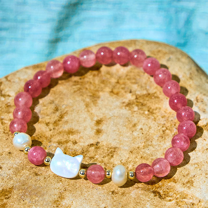 Braccialetto di guarigione Buddha Stones, quarzo fragola, perla, gatto e coniglio - image 9