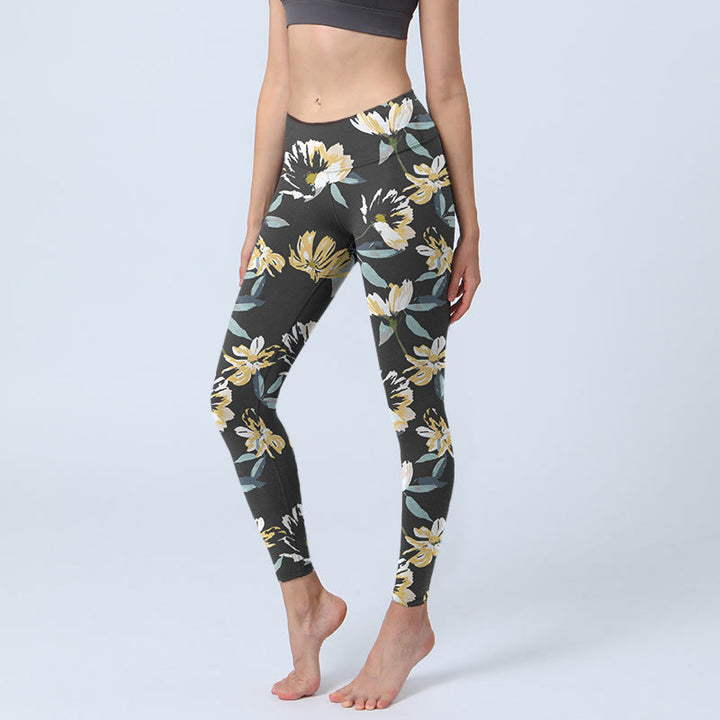 Leggings da palestra con stampa a fiori gialli e bianchi, pantaloni da yoga da donna, modello Buddha Stones - Nero - US18, UK/AU22, EU50 (4XL) - image 1