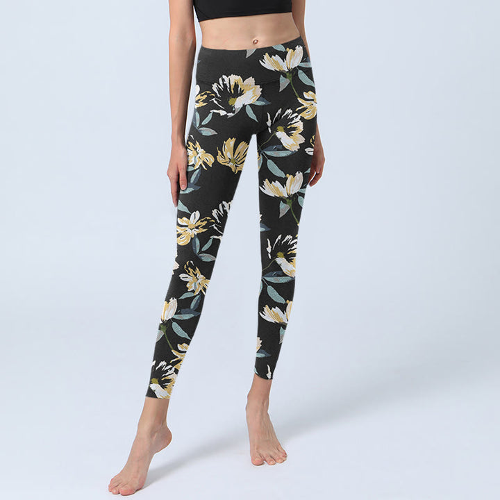 Leggings da palestra con stampa a fiori gialli e bianchi, pantaloni da yoga da donna, modello Buddha Stones - image 6